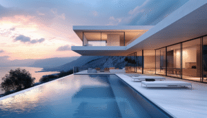 luxurious house with infinity pool at sunrise sunset