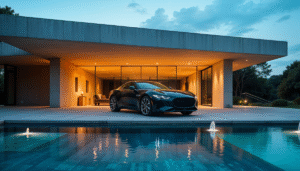 modern car and contemporary house